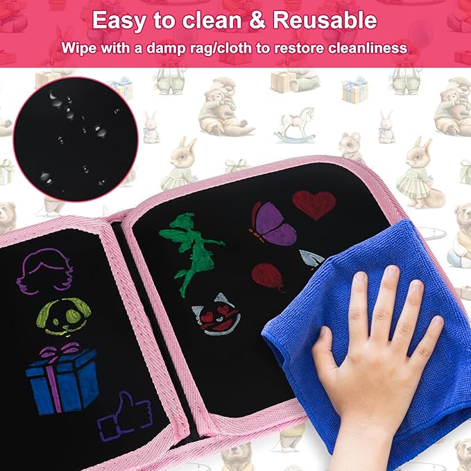 Erasable Doodle Set for Kids - Magic Drawing Book with 12 Watercolor Pens, 14 Pages - Road Trip Car Game Writing Painting Set for Boys and Girls (Rabbit)