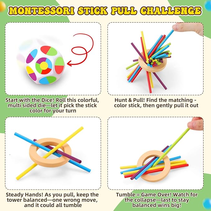 Montessori Wooden Board Games for Kids 3-8 Years: 40 Colorful Wooden Sticks 12-Sided Dice Game Math Educational Toys, Fine Motor Skills Toys for 5 Year Old, Family Games for Kids and Adults