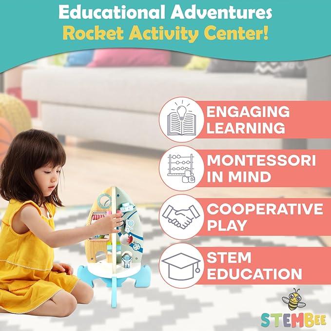 Space Rocket Wooden Activity Cube for Toddlers 1-3 - Includes Colorful Bead Maze for Montessori Sensory Development. Fun Toy Activity Center for Baby Boys & Girls. Excellent First Birthday Gift