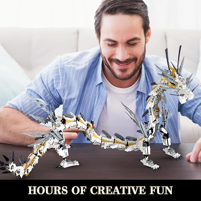 HIGH GODO Dragon Building Blocks Sets for Adults, White Mechanical Dragon Animal Building Model Collectible Display Toys, Cool Creative Gifts for Boys Teens Fans (1485 Pieces)