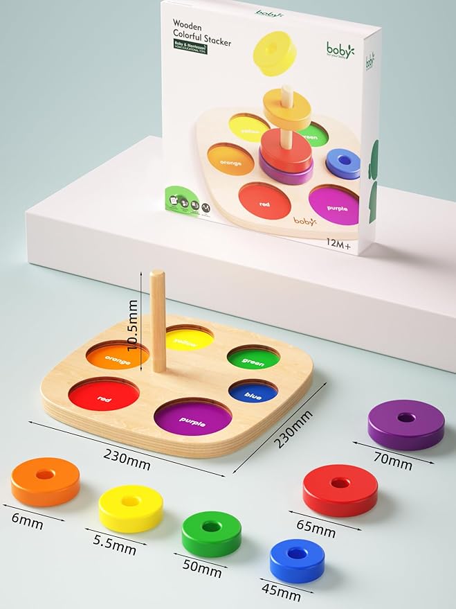 Dailyfunn Montessori Toys Wooden Rainbow Ring Stacker Color Size Learning Sorting Stacking Toy for Toddlers 1-3 Years Old