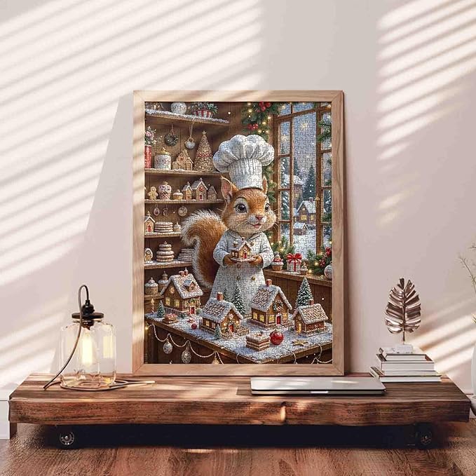 Merry Christmas 1000 Piece Jigsaw Puzzles for Adults Chef Squirrel Painting Jigsaw Puzzle 1000 Christmas Gingerbread House Puzzles 20''x27”inch Xmas Trees DIY Puzzle Art Wall Decor Family Challenging