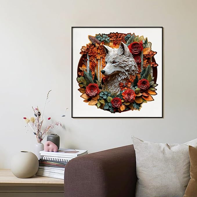 Wooden Jigsaw Puzzle, 200-500 Pieces Unique Shape Animal Puzzle, for Adults & Kids, Birthday Gift Family Game, Decorative Puzzle, Unique Gift (Autumn Wolf, 300 PCS)