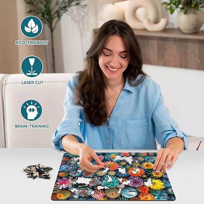 Puzzles for Adults Cactus World Wooden Puzzles, 300 Pieces Unique Shaped Succulent Jigsaw Puzzles, Birthday for Adults and Kids, Fun Family Game 14.9'' x 11.2'' Medium Size