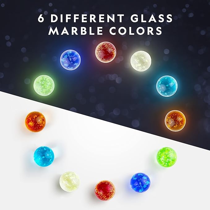 NATIONAL GEOGRAPHIC Glow in The Dark Marbles Refill – 25 Glass Marbles That Glow in The Dark, Includes Storage Pouch & UV Light, Marble Runs for Kids, Building Toys, Science Toys