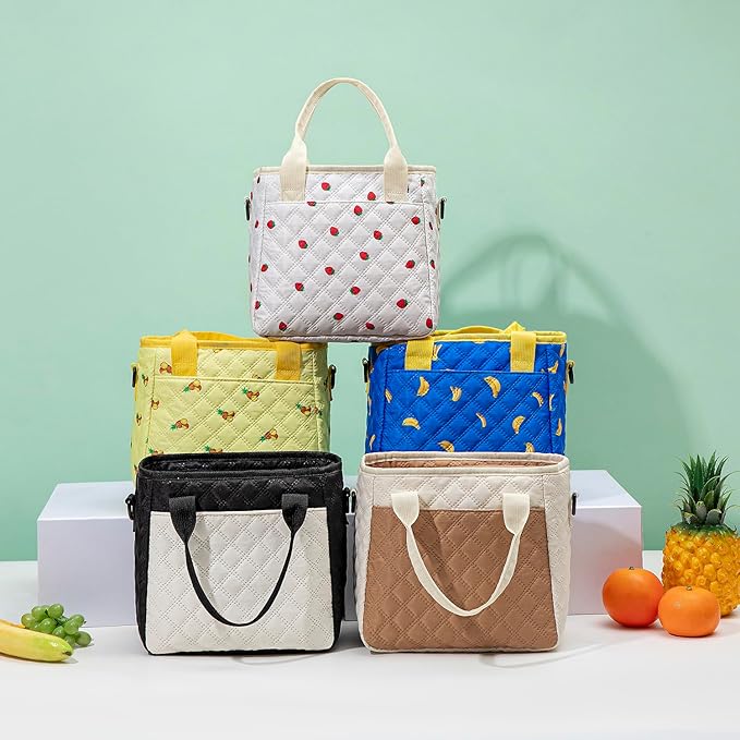 TuErCao Cute Stylish Strawberry-Print Insulated Lunch Bag for Women Kids, Ultrasonic SoftTouch LunchBox for School, Office, Picnic, Grocery Shopping, Lightweight Small Lunch Bag with Adjustable Strap