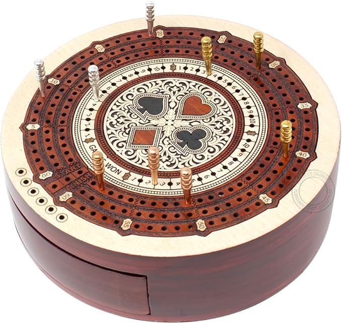 House of Cribbage - Round Shape 3 Track Non-Continuous Cribbage Board - Push Drawer Storage for Pegs and 1 Deck of Cards with Score Marking Fields for Won Games (Maple Wood/Bloodwood)