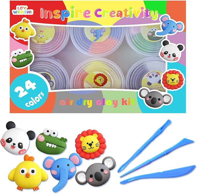 Air Dry Clay Kit for Kids, DIY Model Magic Clay, 24 Colors Animal Modeling Clay with Sculpting Tools, Ultra Light & Soft Creative Arts and Crafts Toys Gifts for Boys Girls