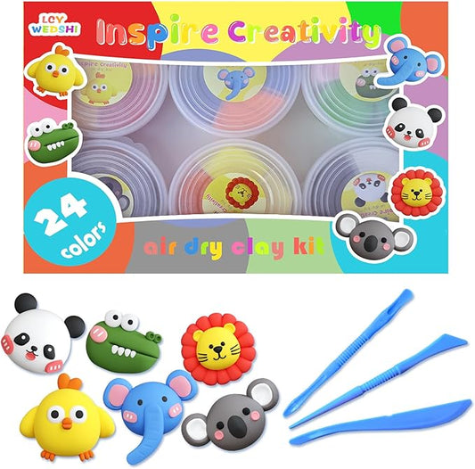Air Dry Clay Kit for Kids, DIY Model Magic Clay, 24 Colors Animal Modeling Clay with Sculpting Tools, Ultra Light & Soft Creative Arts and Crafts Toys Gifts for Boys Girls