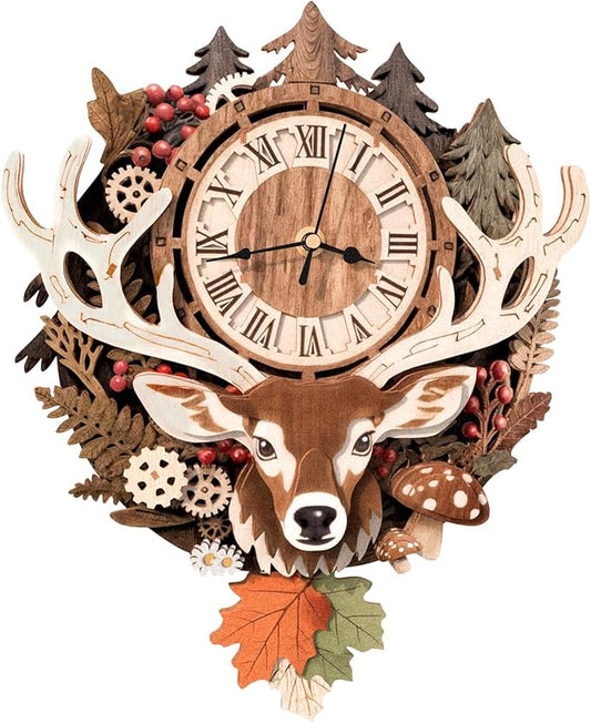 3D Puzzles for Adults Clock-Reindeer Design Model Kit-Mechanical DIY Pendulum Clock with Roman Numerals-Desk Home Office Decor Personalized Gift for DIY Lovers