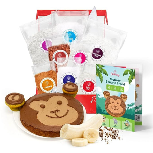 BAKETIVITY Monkey Banana Bread Kids Baking Kit | Banana Cake Kids Baking Set for Girls & Boys | Baking Set for Kids with Pre-Measured Ingredients | Perfect Family Gifts for Cooking Lovers Ages 6-12