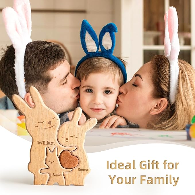 Bunny Family Puzzle, Personalized Wooden Puzzles with 2–5 Names, Easter Gifts for Kids, Rabbit Toys Easter Anniversary Wedding Gifts for Women Men Family Couple