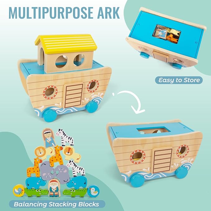 Toddlers Wooden Noah's Ark Toy Animal Playset, Shape Sorter Early Learning Montessori Toys, Baptism Gifts for 3 Boys Girls Kids