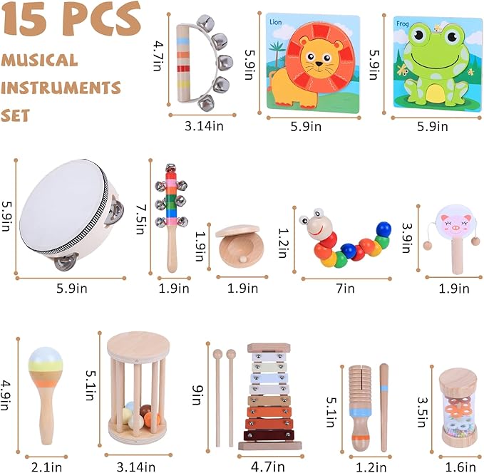Baby Musical Instruments Set, Montessori Natural Wooden Percussion Instruments for Kids Preschool Educational Musical Toys Set with Wooden Puzzles for Toddlers 4-6, CPC Certified Music Toys