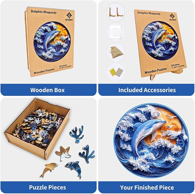 Wooden Jigsaw Puzzle, 200-500 Pieces Unique Shape Animal Puzzle, for Adults & Kids, Birthday Gift Family Game, Decorative Puzzle, Unique Gift (Dolphin Rhapsody, 200 PCS)