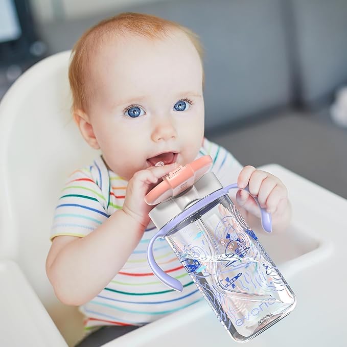 Evorie Tritan Spill Proof Toddler Straw Sippy Cup, 10 oz for Baby and Toddlers 1-3 Years Old, No Spill Straw Water Bottle with Removable Handles, Ideal for School, BPA-Free, Under the Sea