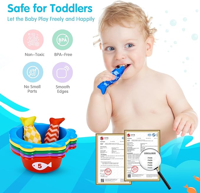 Toddler Toys Montessori Toys for 1 Year Old Boy Girl Birthday Gift- Cloth Fishing Game for Toddler 1-3 with Stacking Cups- Number Counting, Color Sorting, Shape Learning