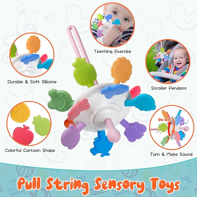 Montessori Baby Toys for Ages 6-18 Months - Pull String Teether, Stacking Blocks, Sensory Shapes Storage Bin, Infant Bath Time Fun, 4 in 1 Toddlers Toy Gifts for 1 2 3 Year Old Boys Girls