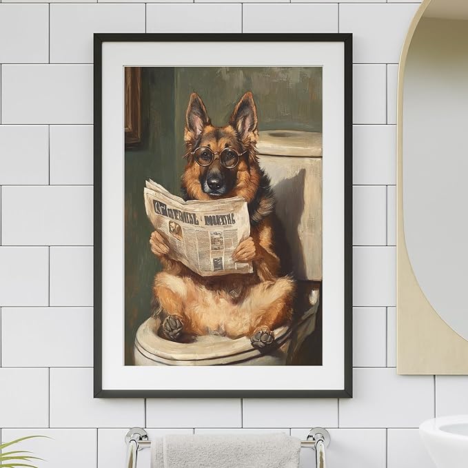 German Shepherd on Toilet Jigsaw Puzzle 1000 Pieces for Adults - Quirky Dog Reading Newspaper with Glasses - 1000pc Dog Bathroom Decor Puzzles (50x70cm / 19.685"x27.559")