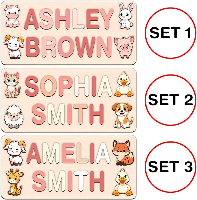 LOVELYPOD Personalized Name Puzzle for Kids, Custom Name Puzzles for Toddlers 1-3 Animal Puzzle, Customized 1st Birthday for Girls & Boys Wooden Toys for Kids, for New Baby - Style 18
