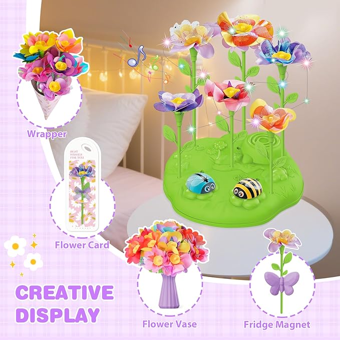 Fabric Flower Bouquets Toys with Music and Light, DIY Arts and Craft Kits Toy for Kids Ages 4-8, Preschool Educational Toys, Christmas Birthday Gifts for 4 5 6 7 8 Year Old Gril
