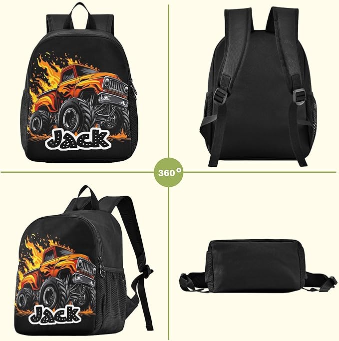 Monster Truck Orange Toddler Backpack for Boys Girls 3-6 Small Preschool Backpacks for Kids Elementary Mini Bookbag for Preschool for School