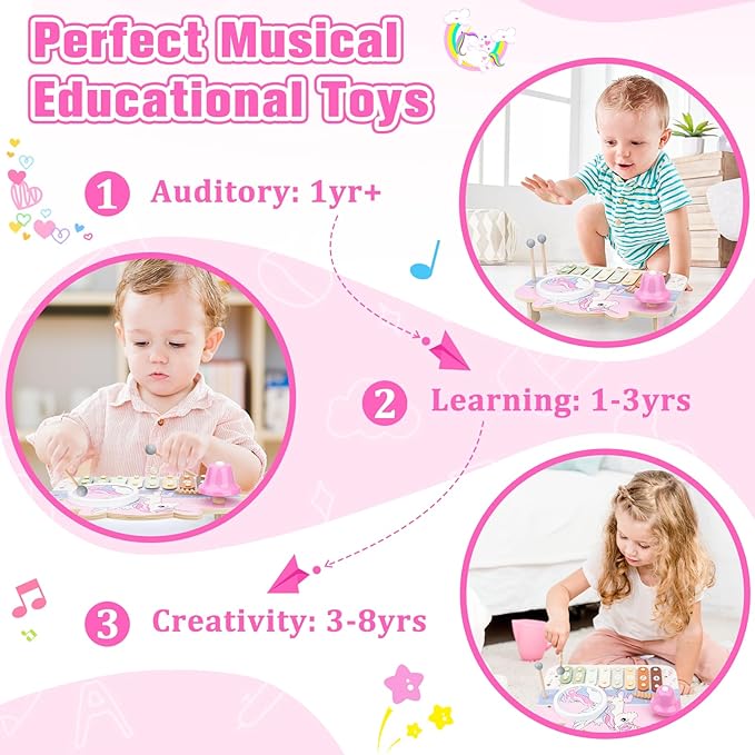 Kids Piano Musical Toys - 5 in 1 Wooden Music Instruments Montessori Toys for Baby Toddler, Sensory Toys with Drum Xylophone, Preschool Educational Toys, Birthday Gifts for Girls Boys Pink