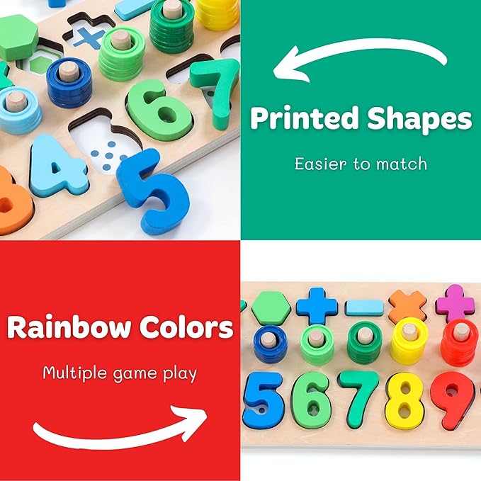 Wooden Montessori Toys for Kids Toddler Number Puzzles Sorter Counting Shape Stacker Stacking Game Preschool Toys for Boy Girl Learning Education Math Blocks Year Old Girl Gifts (Rainbow)