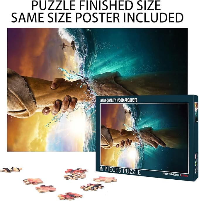 Jesus 1000 Pieces, Give Me Your Hand, HD Wooden Adult Jigsaw Puzzle, Family Fun, Relaxation, Decoration and Gift Giving. Puzzle Size: 29.5x19.7 in and 1:1 Original Picture Poster