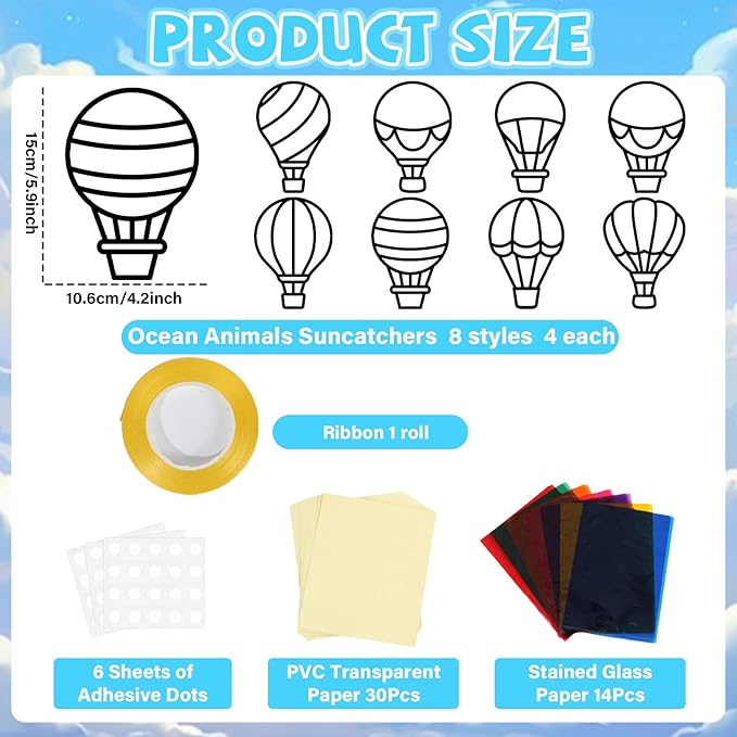 QOUBAI 32 Sets Air Balloons Suncatchers Craft Kit DIY Window Stained Glass Effect Hot Air Balloons VBS Paper Craft Home School Classroom Decoration Kid Birthday Gift Creative Art Project Activity Game