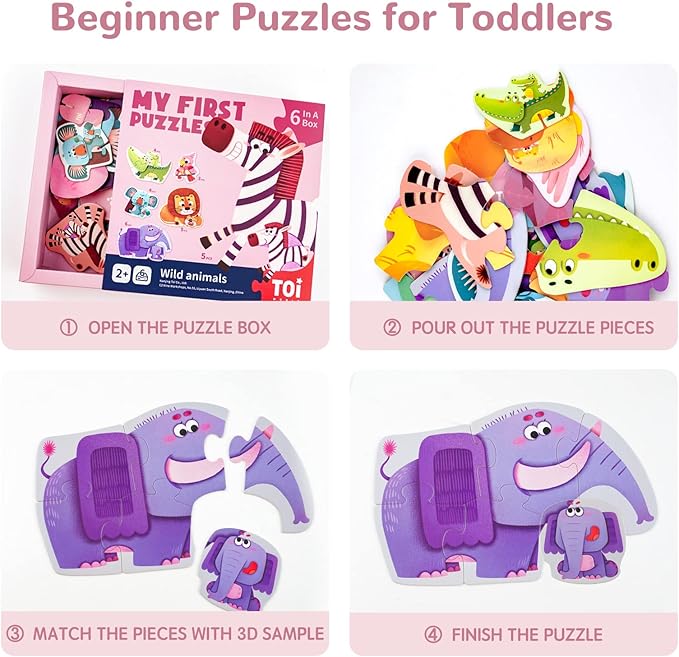 Toi 6 Packs Large Piece Toddler Jigsaw Puzzles for Kids Aged 2.5+, Animal Shaped Floor Puzzles for Beginner, Preschool Learning Game for Boys Girls, Wild Animals
