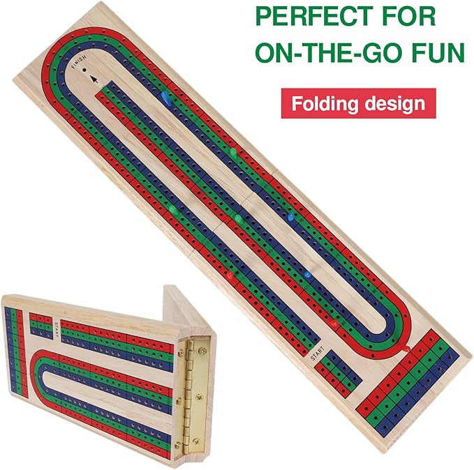 GOTHINK Folding Cribbage Board Game Set, Classic Wooden Cribbage Boards Game for Family Fun, 9 Multi-Colored Pegs, 3 Tracks, Red Green Blue Pegs for 2-3 Players