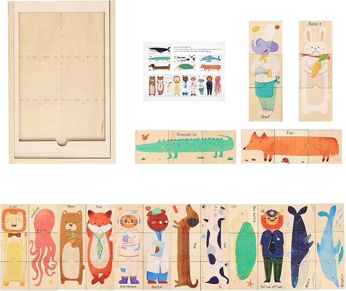 Wooden Animal & Career Jigsaw Puzzle for Toddlers Ages 3-5: Colorful Montessori Matching Puzzle with Chunky Pieces, Developing Fine Motor Skills & Cognitive Awareness