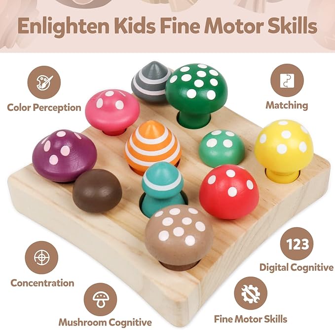 Toddler Toys,Montessori Wooden Sensory Early Educatioanl Learning Fine Motor & Shape Sorter Toy,Matching Games with Mushroom Puzzle,Fun Easter Basket Stuffers Birthday Gift for Boys Girls