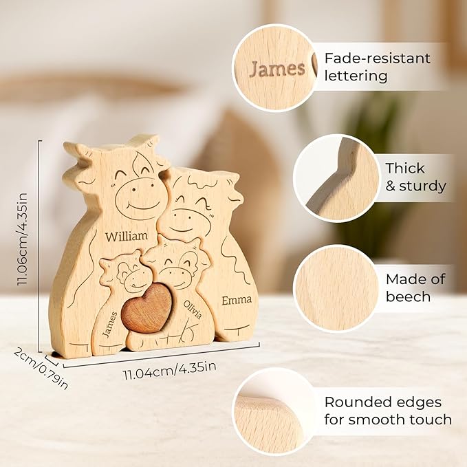 Wooden Cows Family Puzzle, Personalized Puzzles with 2–5 Names, Fathers Day Birthday Personalized Gifts for Mom Dad Kids Teen Boys Girls Grandma, Toddler Men Thanksgiving Gifts