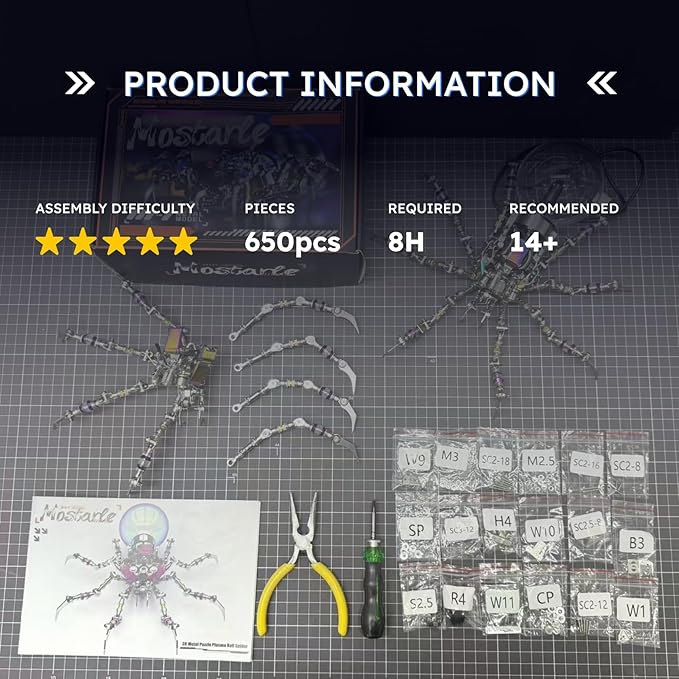 Cyberpunk Metal Spider 3D Puzzle, DIY Sci-Fi Model with Color-Changing Eyes & Interactive Plasma Ball & Home Decor for Teens & Adults (14+), 650 Pieces, 1 Count
