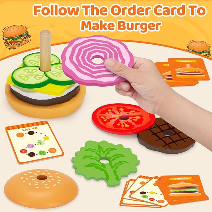 Jumlys Montessori Wooden Burger Stacking Toys for 2, 3, 4, 5 Year Olds, Fine Motor Toys for Kids Boys Girls, Ideal Preschool Educational and Learning Toys, Perfect Christmas Birthday Gifts