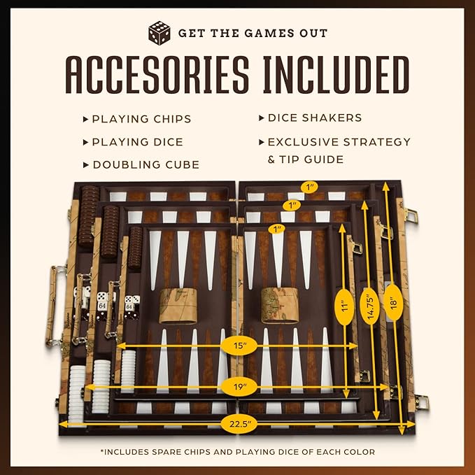 Get The Games Out Backgammon Set, Classic Board Game Case, 2 Players, Includes Strategy & Tip Guide, Perfect for Parties and Family Game Nights - Large, Map