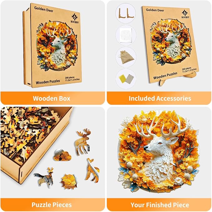 Wooden Jigsaw Puzzle, 200-500 Pieces Unique Shape Animal Puzzle, for Adults & Kids, Birthday Gift Family Game, Decorative Puzzle, Unique Gift (Golden Deer, 300 PCS)