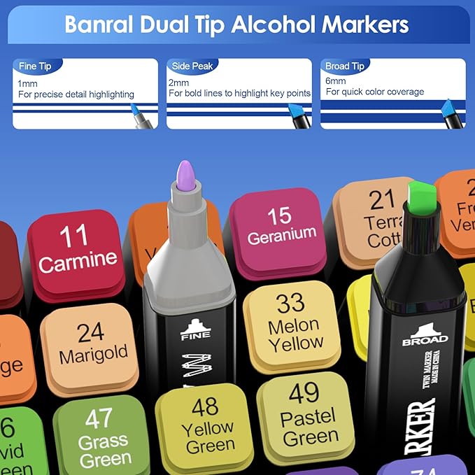 Banral 36 Colors Alcohol Markers Set, Dual Tip Alcohol Based Art Marker for Artists Kids Adult Coloring, Permanent Illustration Sketch Pens for Drawing with Case and Holders