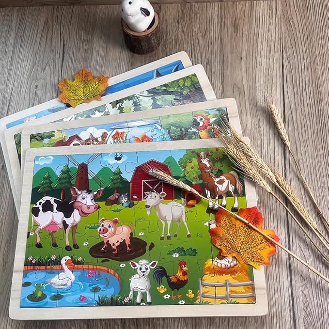 Set of 4 Packs Wooden Animals 24-PC Jigsaw Puzzles Wood Jigsaw Puzzles for Kids 3+ Years up Preschool Educational Puzzles Boards Toys Gifts