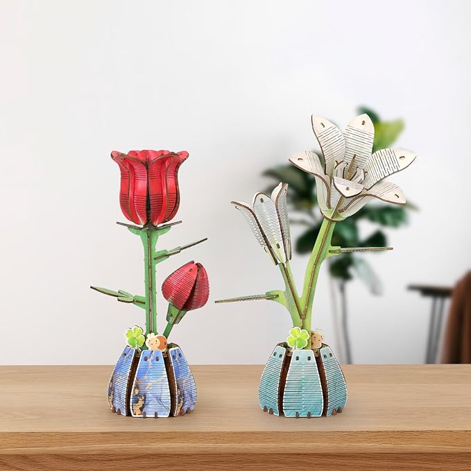 Jege 3D Flowers Wooden Puzzles for Adults,DIY Wooden 2 Flowers per Kit Building Set for Home Decor, Creative Craft Gift Toys Kits with 2 Perfume Bottles and Diffuser Sticks (Rose + Lily)