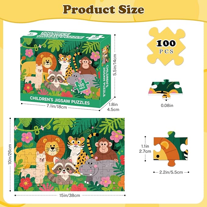 4 Packs 100 Piece Puzzles for Kids Ages 4-6 6-8 8-10, Wildlife Dinosaurs Dogs Dolphins Kids Puzzles Ages 3-5 4-6 5-8, 100 Large Piece Jigsaw Puzzles Educational Toys Gift for Boys and Girls (15x10 in)