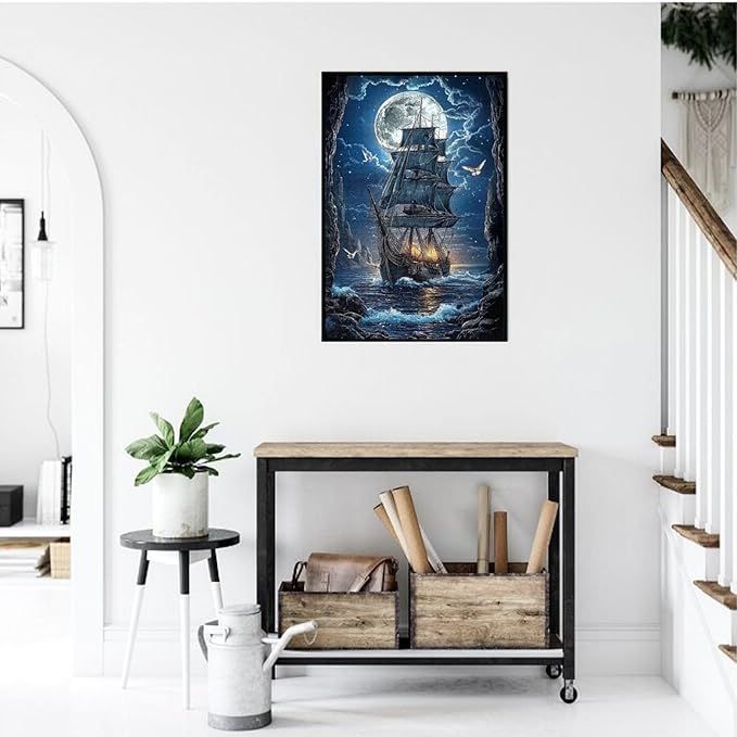 Sailboat Jigsaw Puzzles 1000 Pieces，Moon Sailboat Jigsaw Puzzles Moonlit Voyage 1000 Piece，Ocean Sea Sailing Ship Puzzles，Fantasy Puzzles for Friends Family Activity Game Nights Gifts