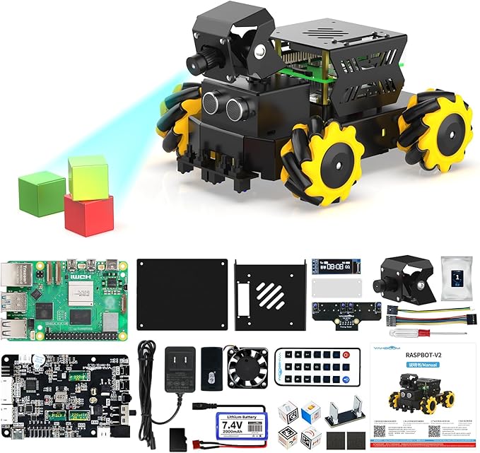 Yahboom Raspberry Pi5 Omnidirectional Moving Mecanum Wheel AI Vision ROS2 Robot,Autonomous Driving,Face Recognition,Tracking,Line Patrol,for 16+ 18+ Teenager Python C+ Projects (with RPi 5-8GB)