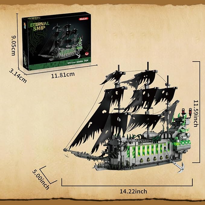 1573 Pcs Pirate Ship Building Set with LED Light,STEM Ghost Ship Flying Dutchman Building Toy,Model Boat Mini Brick Kit Home Office Decor,Halloween Easter Gift for Adults Boys Kids Ages 14+