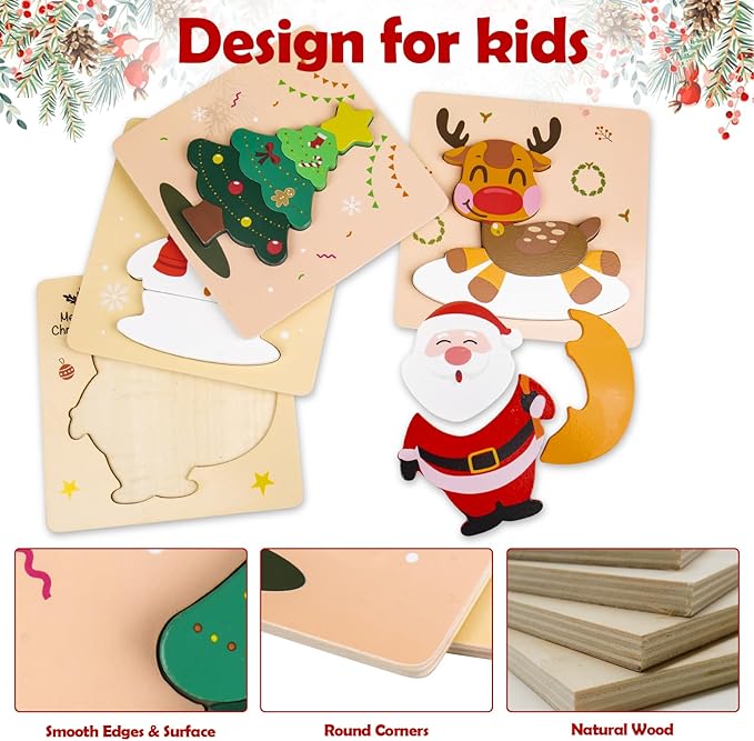 Christmas Wooden Puzzles for Toddlers, Baby Jigsaw Puzzles for 1 2 3 Years-Old Boys and Girls, Set of 4 Montessori Toys with Large Pieces Safe for Kids
