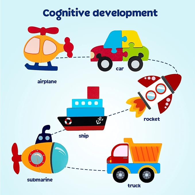SYNARRY Wooden Vehicle Puzzles for 3 4 5 Years Old Boys Girls, Puzzles for Toddlers 3-5, Montessori Educational Toys Gifts with 6 Vehicles Transportation, Vibrant Color Shapes