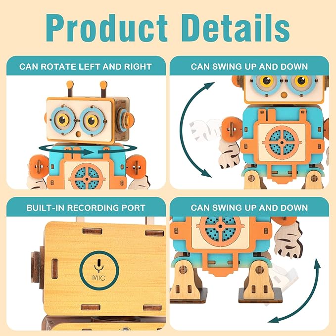 Kosmickiss 3D STEM Wooden Puzzles for Kids, 3D Wooden Models with Voice Recorder, Science STEM Building Kit Creative Craft Toys for Boys Girls Age 8-13 Years Education Birthday Gifts (Grunt Robot)