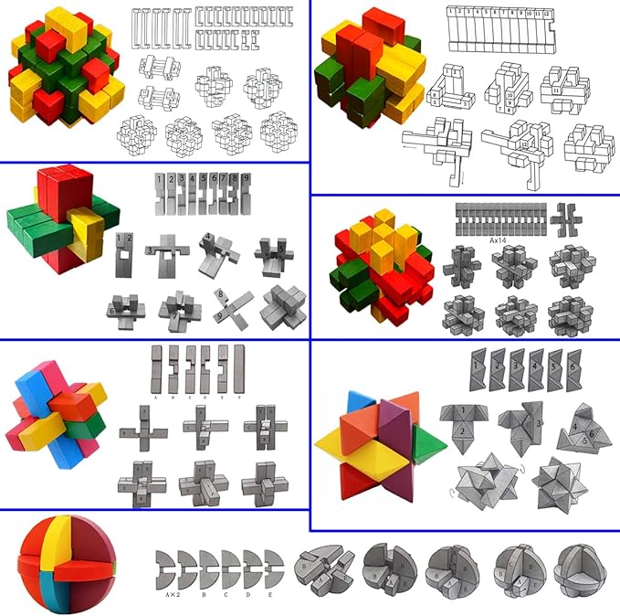 18 Pack Wooden Brain Teaser Puzzles Wooden Burr Puzzles Brain Teaser Puzzle with Gift Packing Box Magic Puzzle Games Toys for Kids and Adults by AHYUAN (Colorful Wood)